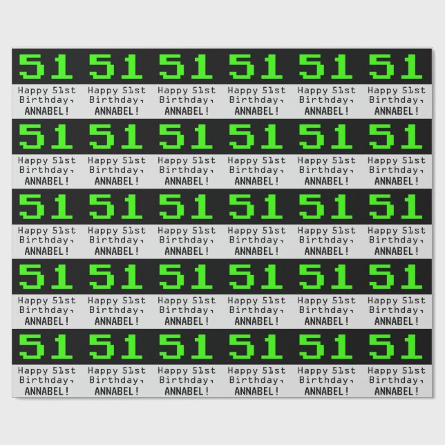 51st Birthday - Nerdy / Geeky Style "51" and Name Wrapping Paper (Flat)