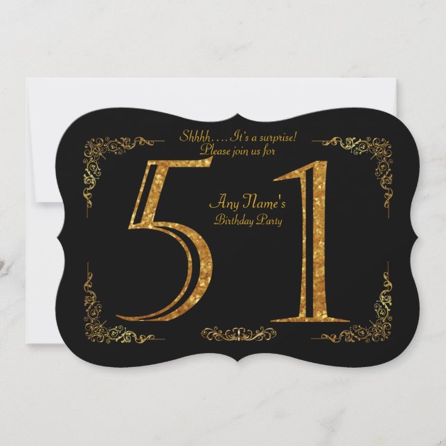 51st,Birthday party 51st,great Gatsby,black & gold Invitation (Front)
