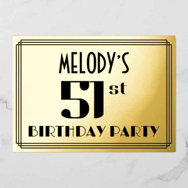 51st Birthday Party: Art Deco Look “51” and Name (Front)