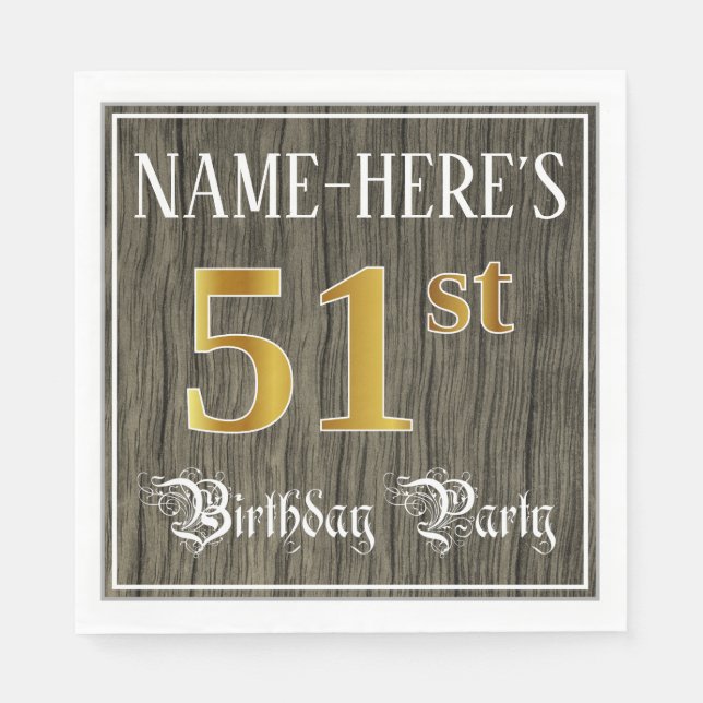 51st Birthday Party — Faux Gold & Faux Wood Looks Napkin (Front)