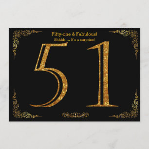 51st Birthday party,Gatsby styl,black gold glitter Invitation
