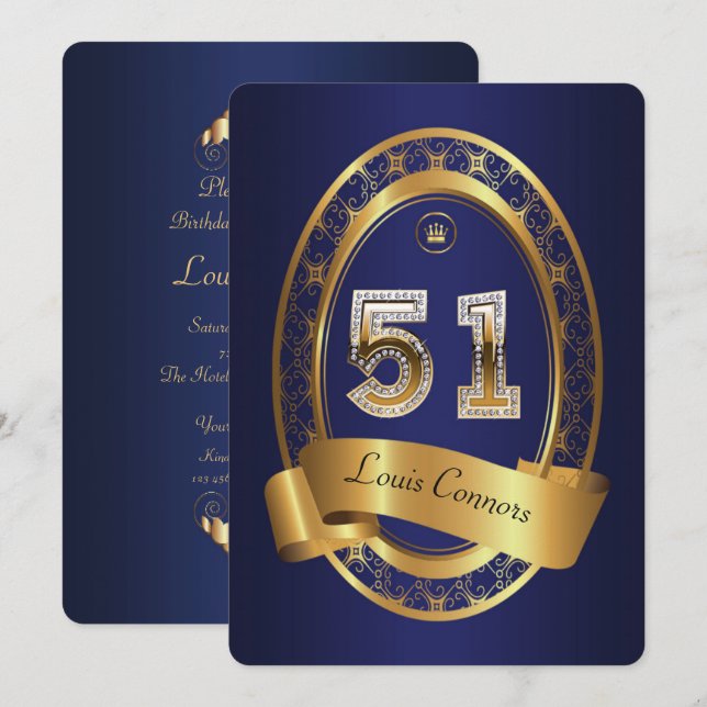 51st,birthday party woman man,elegant colour invitation (Front/Back)