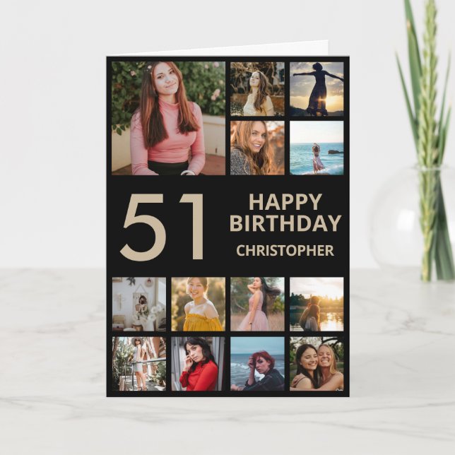 51st Birthday Photo Collage 13 Photos Black & Gold Card (Front)