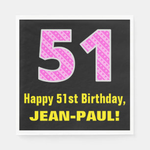 51st Birthday: Pink Stripes and Hearts "51" + Name Napkin