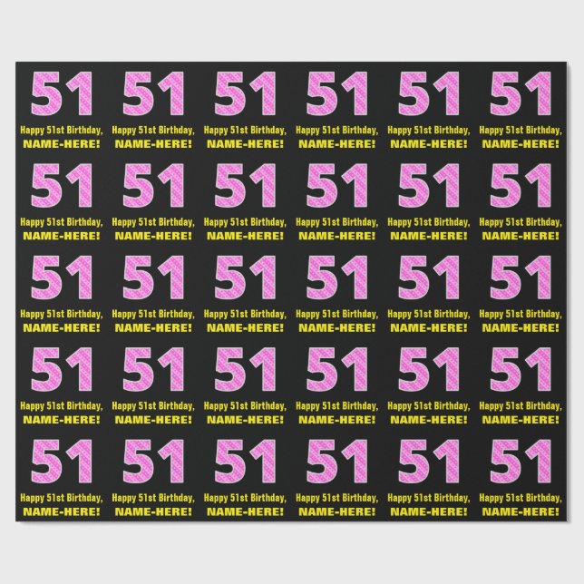 51st Birthday: Pink Stripes and Hearts "51" + Name Wrapping Paper (Flat)