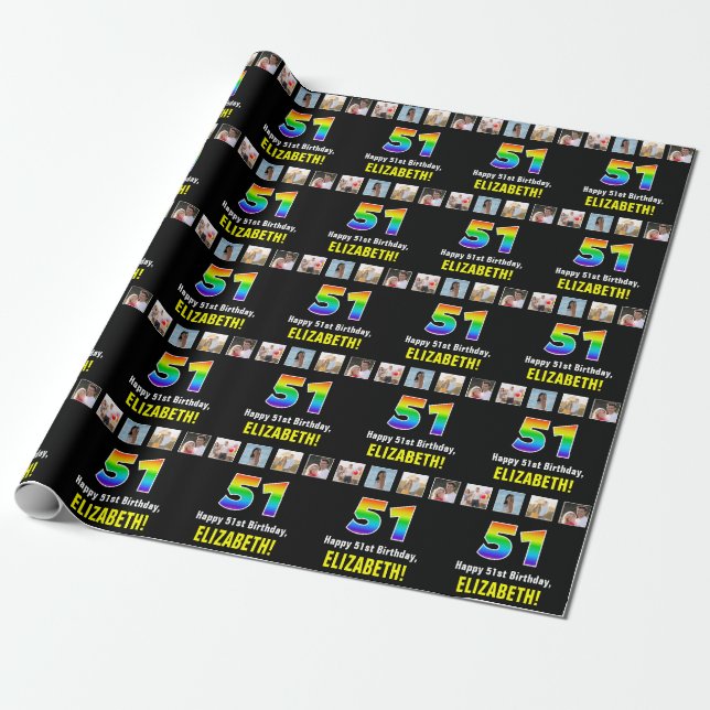 51st Birthday: Rainbow “51“; Custom Photos & Name Wrapping Paper (Unrolled)