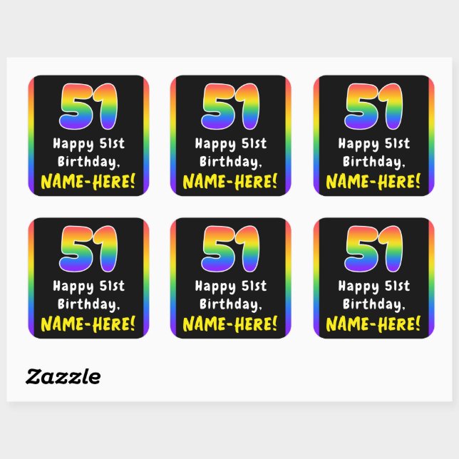 51st Birthday: Rainbow Spectrum # 51, Custom Name Square Sticker (Sheet)