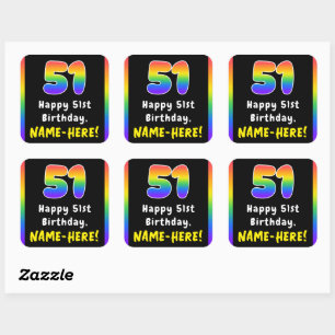 51st Birthday: Rainbow Spectrum # 51, Custom Name Square Sticker