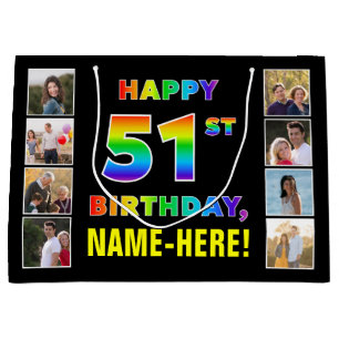 51st Birthday: Rainbow Text, Custom Photos & Name Large Gift Bag