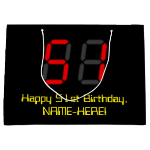 51st Birthday: Red Digital Clock Style "51" + Name Large Gift Bag