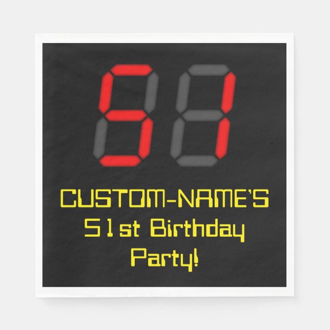 51st Birthday: Red Digital Clock Style "51" + Name Napkin (Front)
