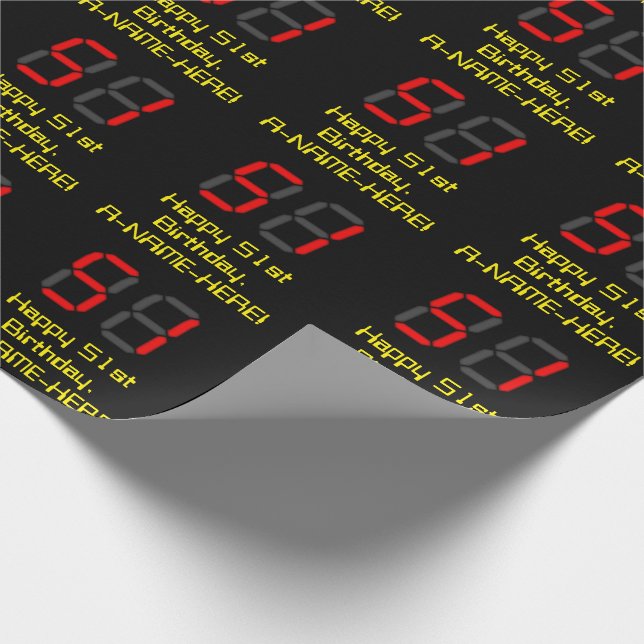 51st Birthday: Red Digital Clock Style "51" + Name Wrapping Paper (Corner)