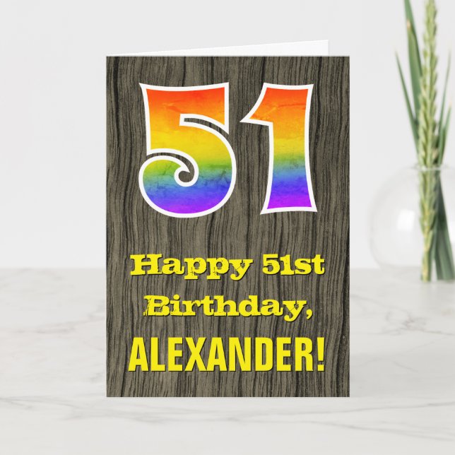 51st Birthday: Rustic Faux Wood Look, Rainbow "51" Card (Front)