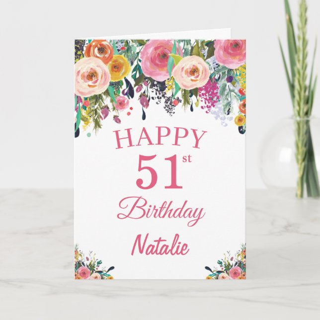 51st Birthday Watercolor Floral Flowers Pink Card (Front)