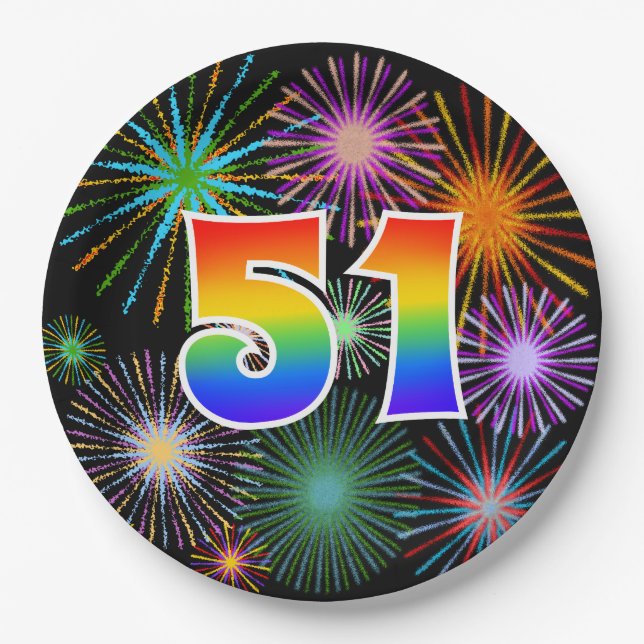 51st Event - Fun, Colourful, Bold, Rainbow 51 Paper Plate (Front)