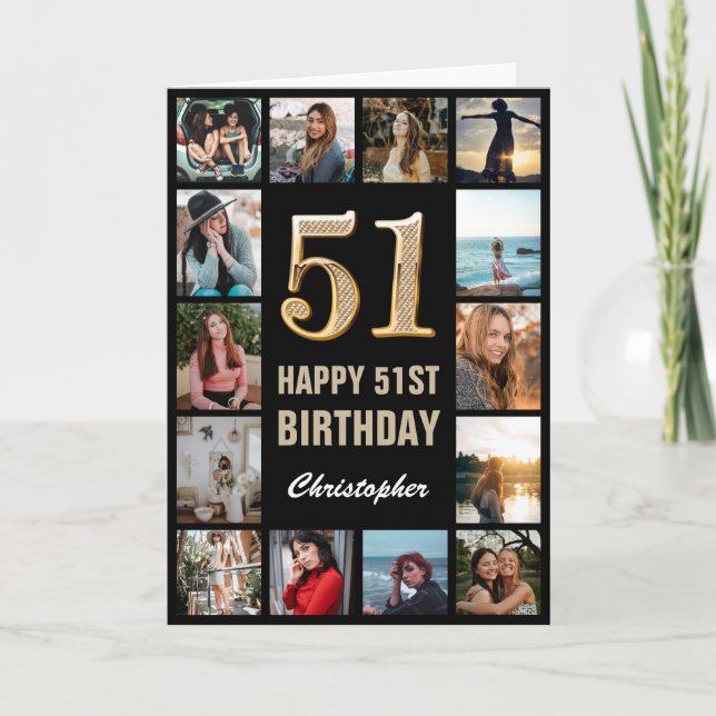 51st Happy Birthday Black and Gold Photo Collage Card (Front)