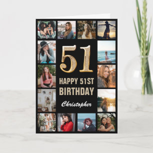 51st Happy Birthday Black and Gold Photo Collage Card