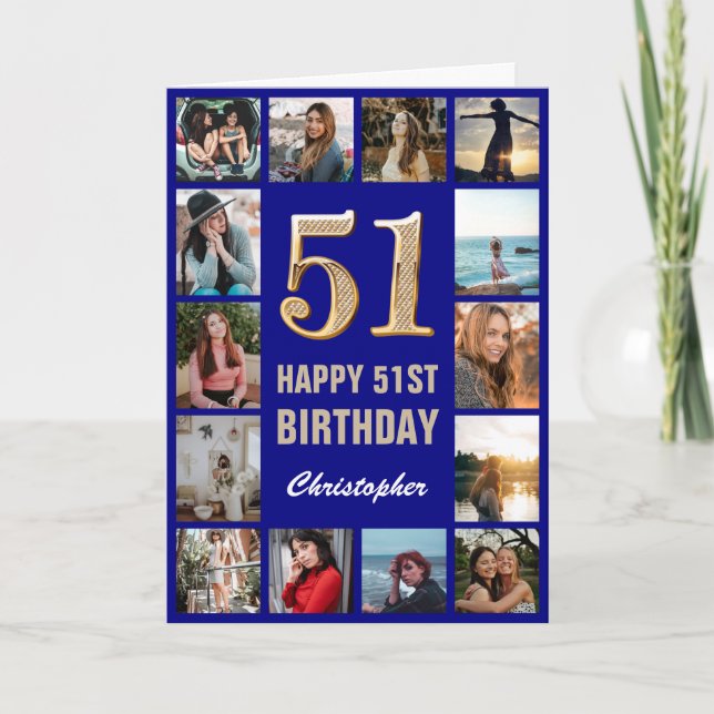 51st Happy Birthday Navy Blue & Gold Photo Collage Card (Front)