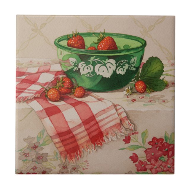 5284 Strawberries in Green Bowl Tile (Front)