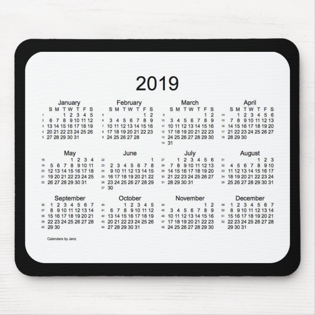52 Weeks 2019 Calendar Black and White Mousepad (Front)