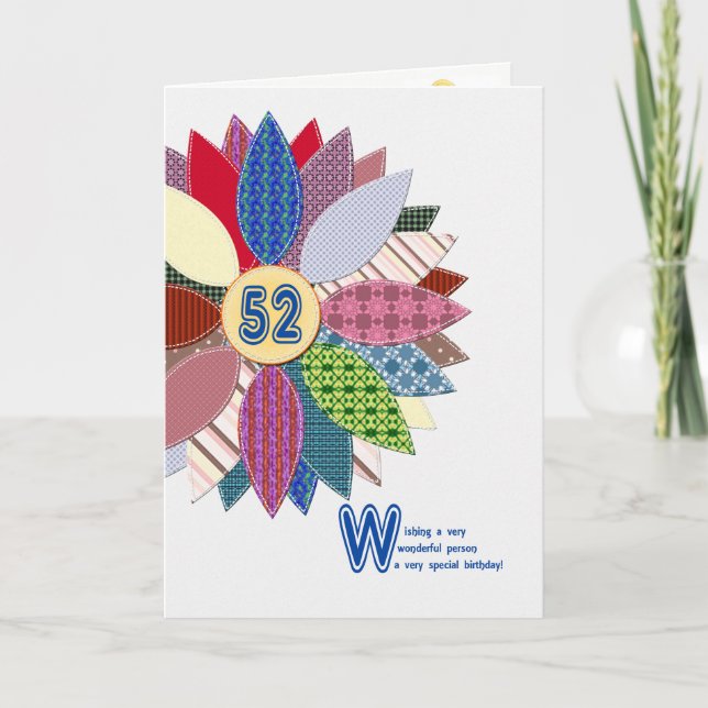 52 years old, stitched flower birthday card (Front)