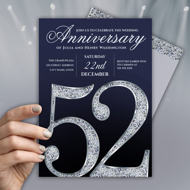 52nd Anniversary Diamond Silver Navy Blue Modern Invitation (Creator Uploaded)