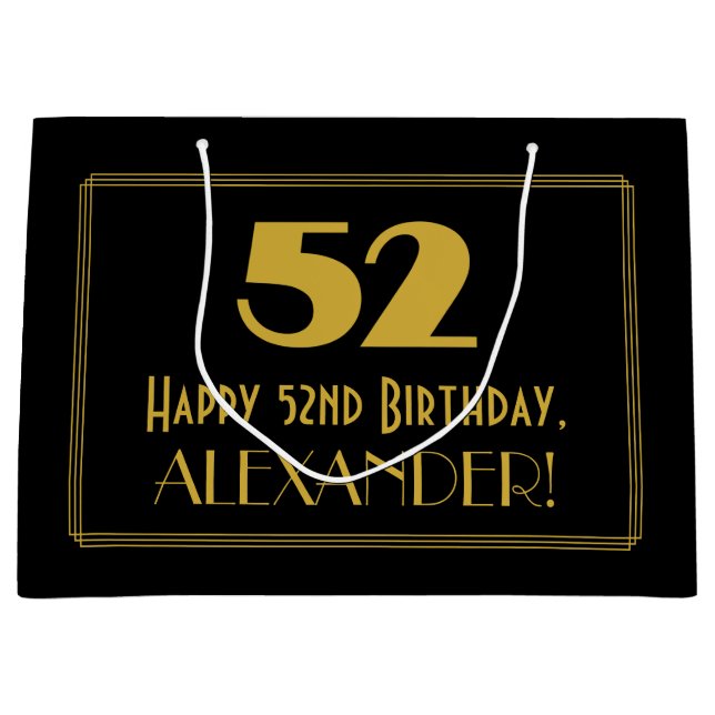 52nd Birthday — Art Deco Inspired Look "52" & Name Large Gift Bag (Front)