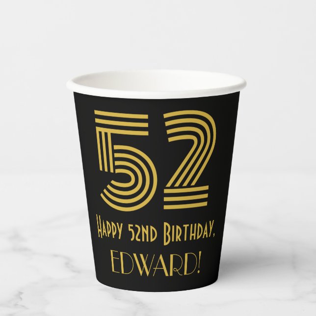 52nd Birthday: Art Deco Inspired Look “52” & Name Paper Cups (Front)