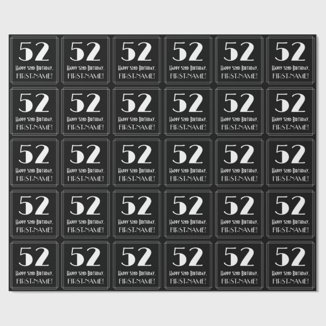 52nd Birthday - Art Deco Inspired Look "52", Name Wrapping Paper (Flat)
