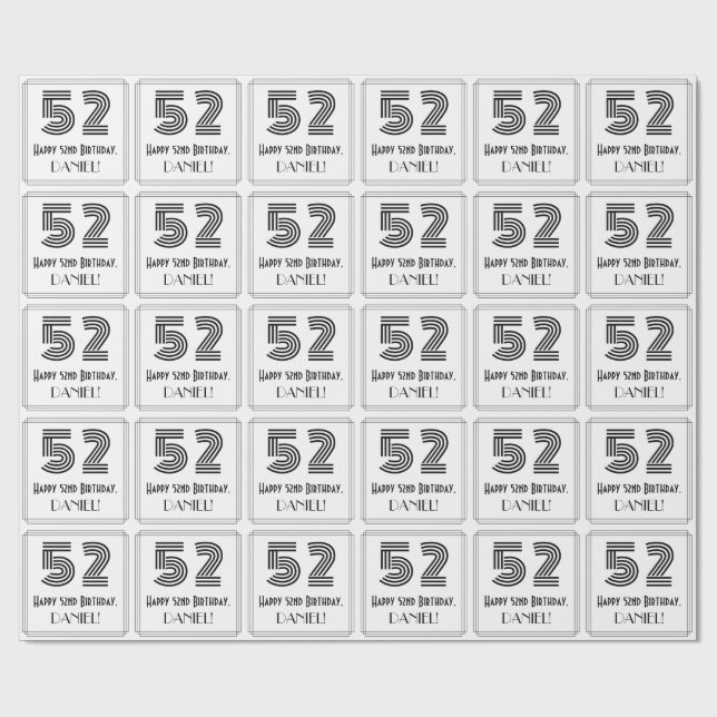 52nd Birthday: Art Deco Inspired Style "52" + Name Wrapping Paper (Flat)