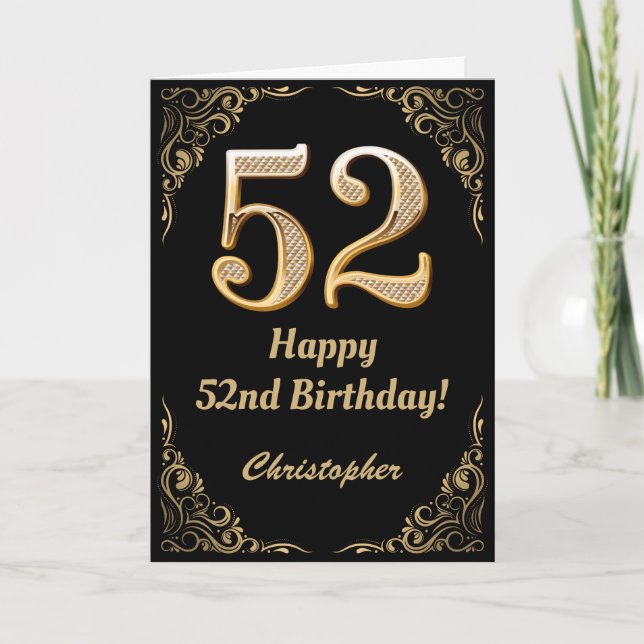 52nd Birthday Black and Gold Glitter Frame Card (Front)