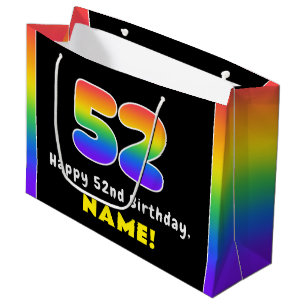 52nd Birthday: Colorful Rainbow # 52, Custom Name Large Gift Bag