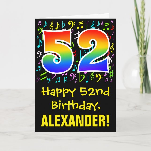 52nd Birthday: Colourful Music Symbols + Rainbow 5 Card (Front)