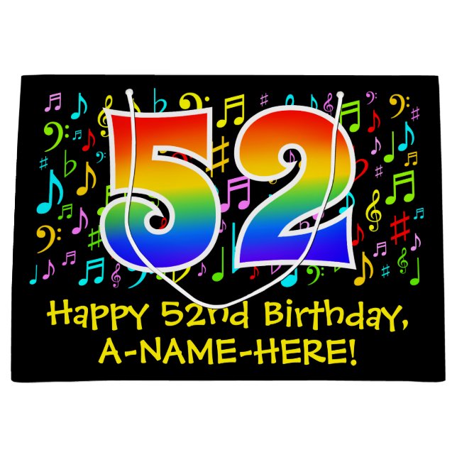 52nd Birthday - Colourful Music Symbols, Rainbow 5 Large Gift Bag (Front)