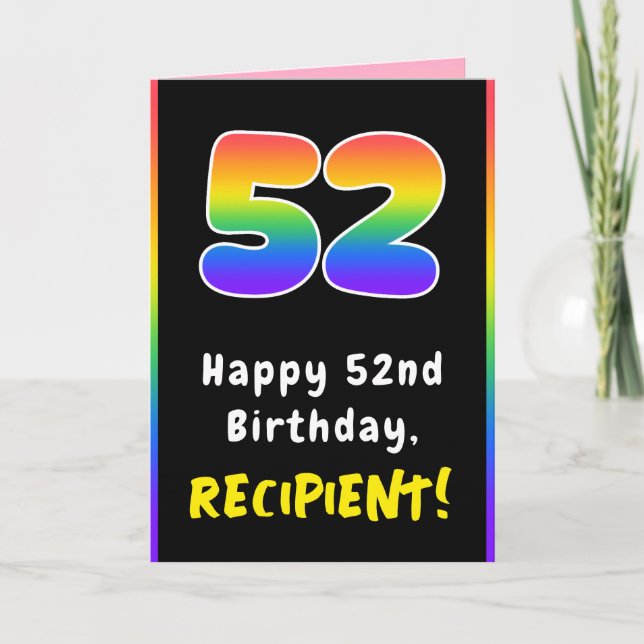 52nd Birthday: Colourful Rainbow # 52, Custom Name Card (Front)
