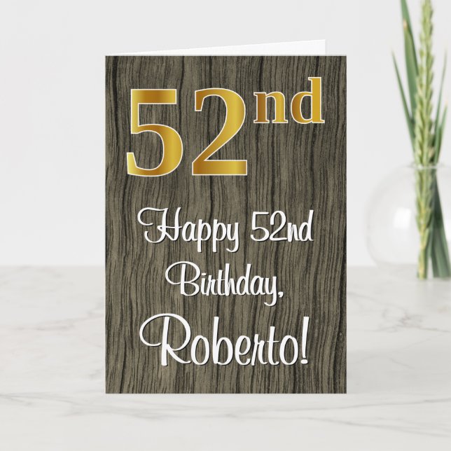 52nd Birthday: Elegant Faux Gold Look #, Faux Wood Card (Front)