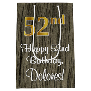 52nd Birthday: Elegant Faux Gold Look #, Faux Wood Medium Gift Bag