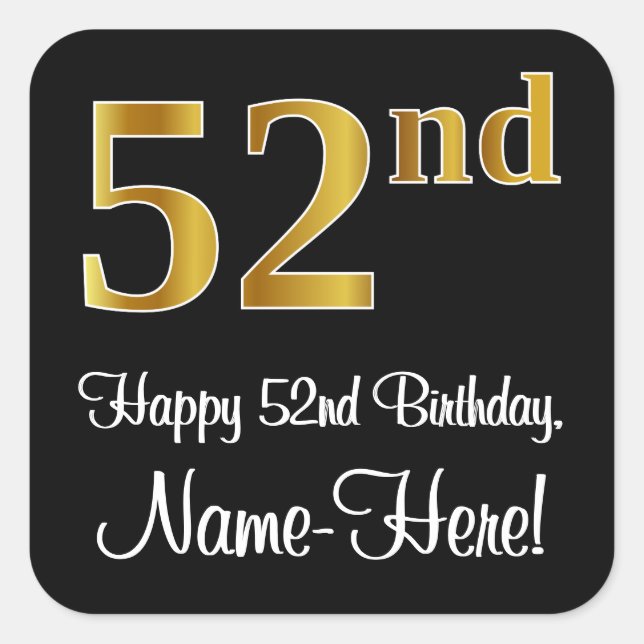 52nd Birthday – Elegant Luxurious Faux Gold Look # Square Sticker (Front)