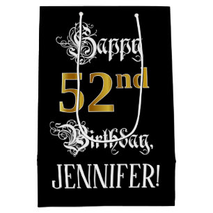 52nd Birthday ~ Fancy Script; Faux Gold Look; Name Medium Gift Bag