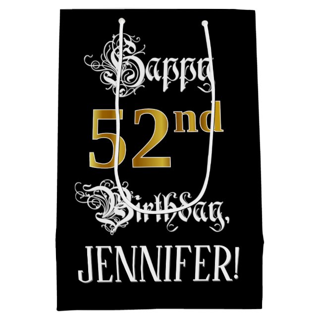 52nd Birthday ~ Fancy Script; Faux Gold Look; Name Medium Gift Bag (Back)