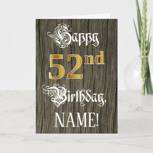 52nd Birthday: Faux Gold Look + Faux Wood Pattern Card (Front)