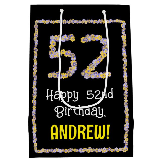 52nd Birthday: Floral Flowers Number, Custom Name Medium Gift Bag (Back)