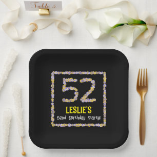 52nd Birthday: Floral Flowers Number, Custom Name Paper Plate