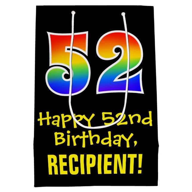 52nd Birthday: Fun, Bold, Colourful, Rainbow "52" Medium Gift Bag (Back)