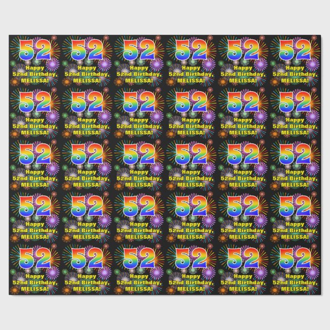 52nd Birthday: Fun Fireworks, Rainbow Look # “52” Wrapping Paper (Seam)
