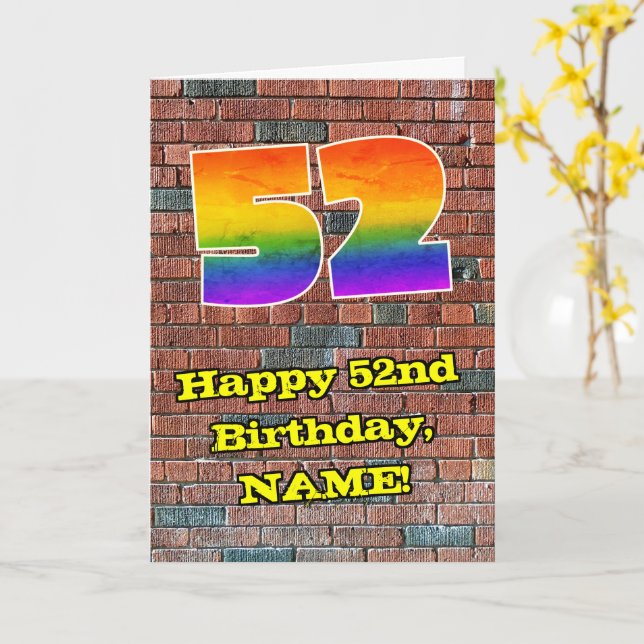 52nd Birthday: Fun Graffiti-Inspired Rainbow 52 Card (Yellow Flower)