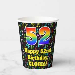 52nd Birthday: Fun Music Notes Pattern, Rainbow 52 Paper Cups