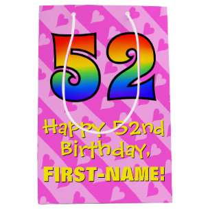 52nd Birthday: Fun Pink Hearts Stripes; Rainbow 52 Medium Gift Bag
