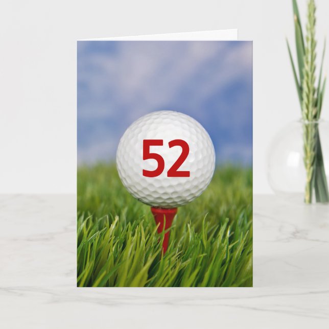 52nd Birthday Golf Ball on Red Tee  Card (Front)
