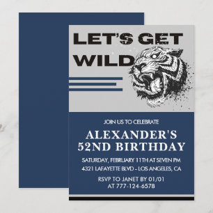 52nd birthday invitations Men Tiger Let's Get Wild
